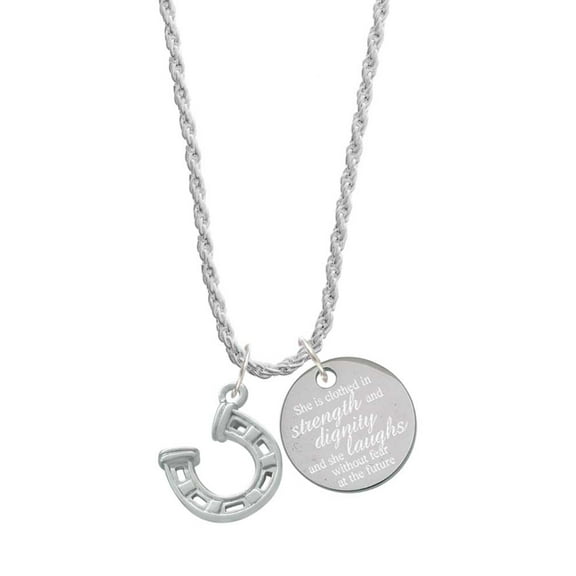 Delight Jewelry Silvertone Horseshoe with Side Loop She is Clothed in Stength and Dignity Charm Necklace, 20" 3"