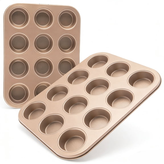 LIMICAR 2 Pack Nonstick Muffin Tin & Cupcake Pan 12-Cup, Heavy Duty Carbon Steel Muffin Pans Nonstick for Baking, Dishwasher Safe, Gold