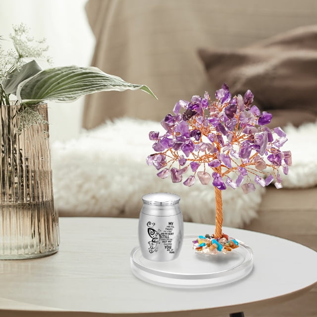 XIUDA Small Urns for Human Ashes Keepsake, Purple Stainless Steel Mini Urn  with Amethyst Crystal Tree -Decoration Butterfly Cremation Keepsake