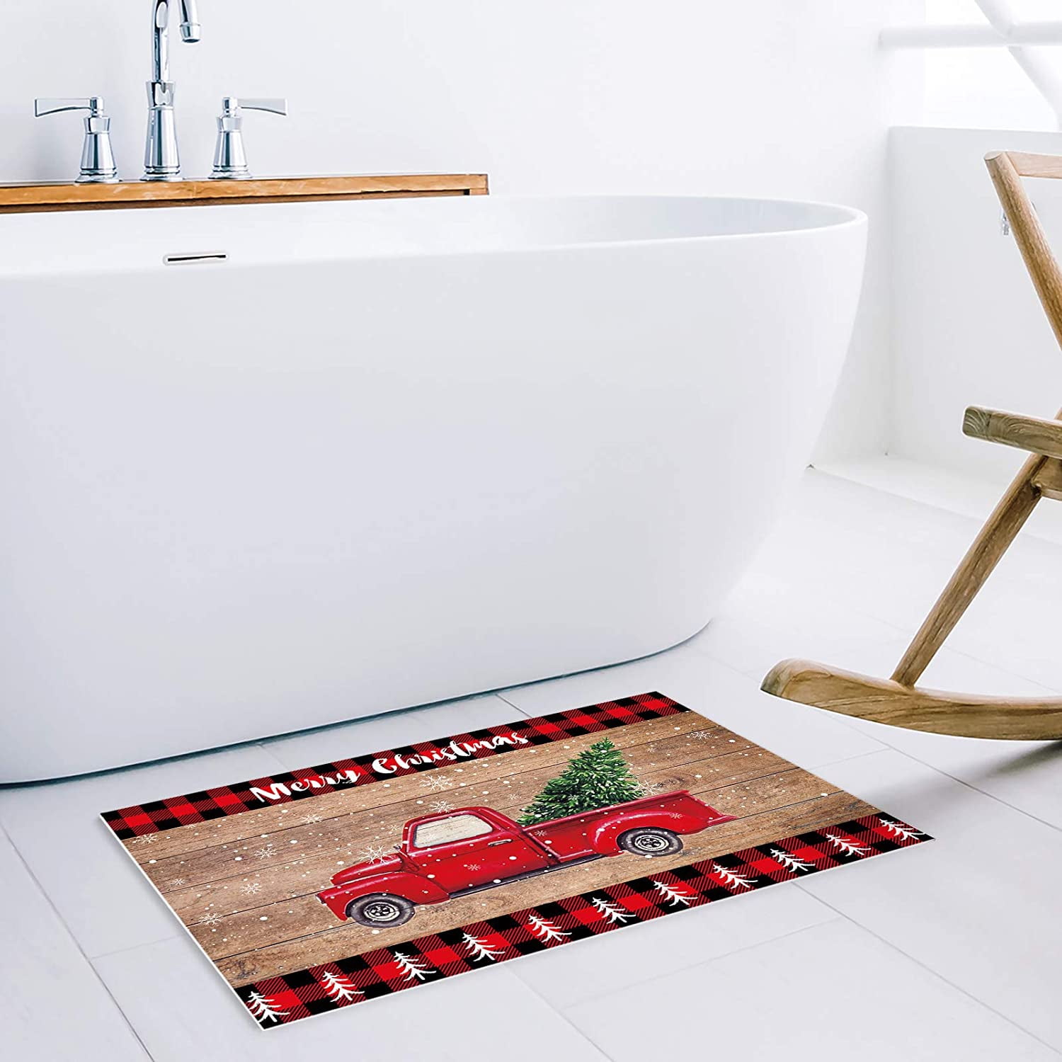 Christmas Door Mat 23."6x15.7 Welcome Mat Front Floor Mats, Non Slip Indoor Carpet/Absorbent Outdoor Shoes Scraper, Christmas Truck and Xmas Trees on Wooden Plank Red Plaid Rugs Doormat for Entryway