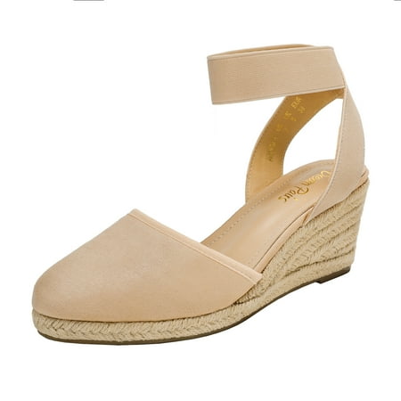 Ream Pairs Women Espadrilles Wedge Sandals Comfort Elastic Ankle Strap Shoes Amanda-1 Nude Size 10