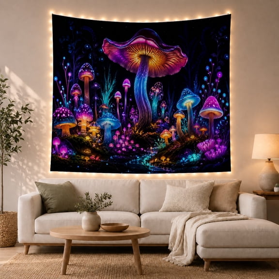 Giant Purple Mushroom in a Luminous Forest Stream, Mystical Fantasy for Art Lovers, Psychedelic Nature Wall Decor, Halloween Gift, Tapestry Wall Hanging for Bedroom and Living Room