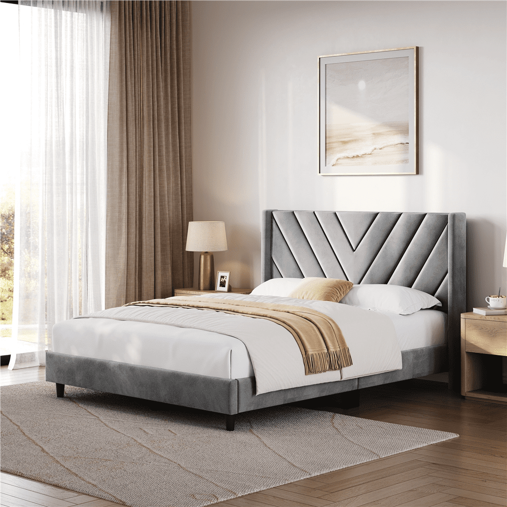 Yaheetech Queen Size Upholstered Platform Bed Frame, Wooden Slat Support, Light Gray