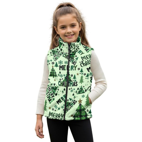 Xixirimido Christmas Trees Stars Green Pattern Kids Zip-up Vest for Girls Boys Sleeveless Fleece Vest with Pockets Stand Collar Jacket Kids Fall Winter Outwear for 4T