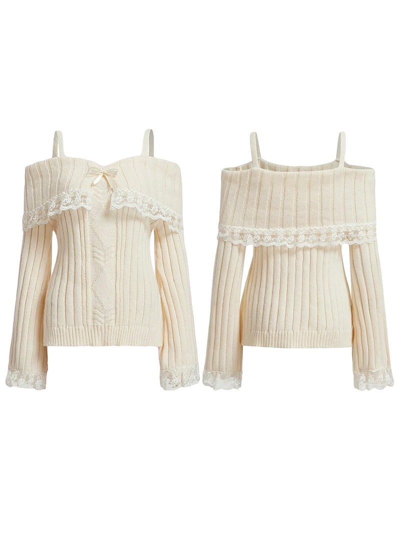 トップス FADED X PATCH LAYERED SHOULDER SWEAT TOP Women Fairy Off Shoulder Lace Trim Sweater Y2k Kawaii Long