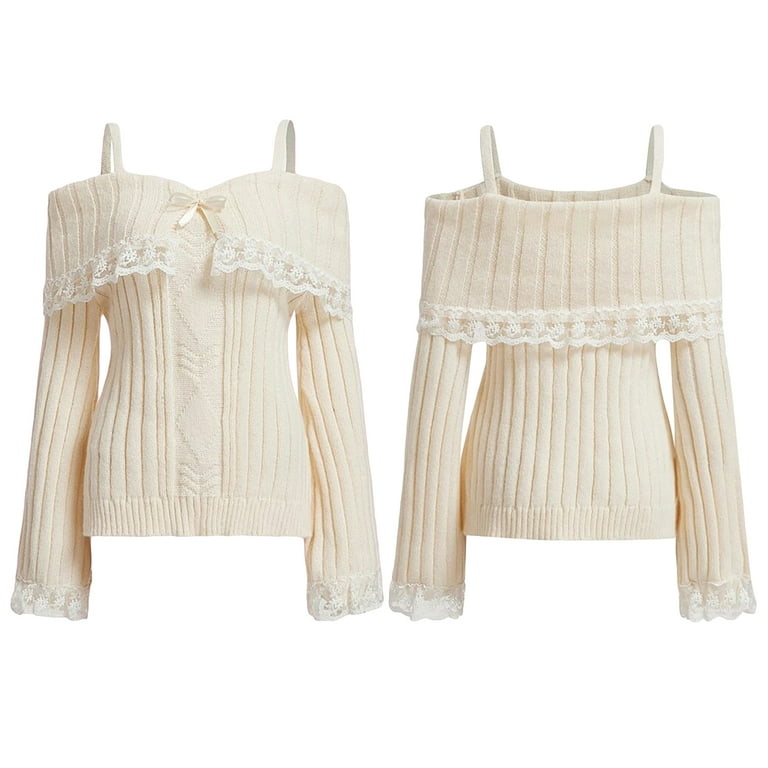 Women Fairy Off Shoulder Lace Trim Sweater Y2k Kawaii Long Women Fairy Off Shoulder Lace Trim Sweater Y2k Kawaii Long