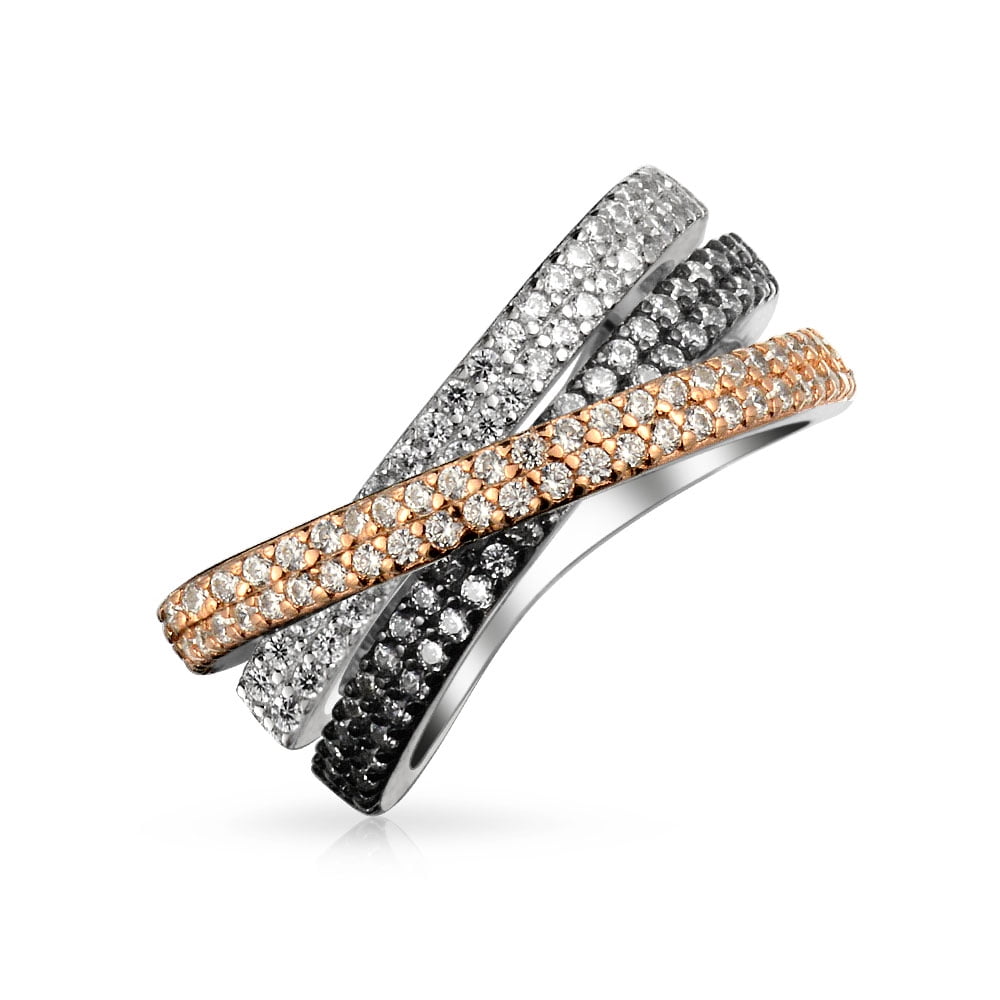 Two Tone Black And White Pave Cubic Zirconia CZ Criss-Cross X Band Ring For Women For Girlfriend 925 Sterling Silver 