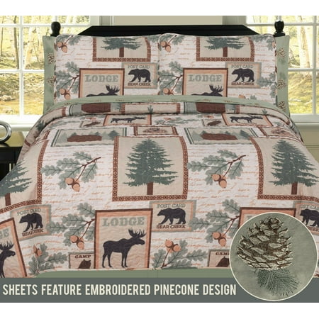 Elk Bear Rustic Mountain Lodge Cabin Twin Quilt 5 Piece Bedding