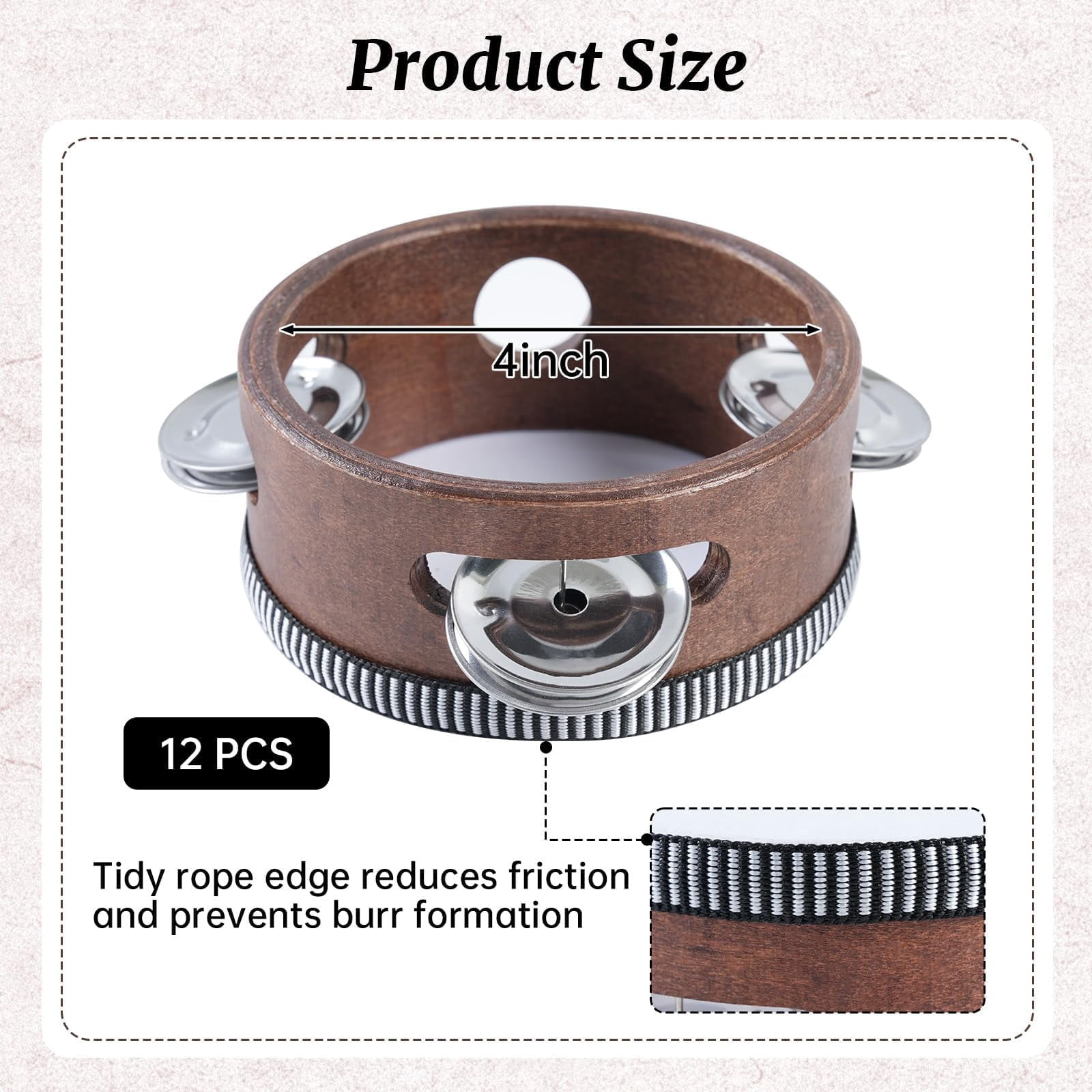 12 Set 4 Inch Wooden Tambourine For Adults  Hand Held Percussion Drum With Metal Jingles Musical Educational Drums Instrument Church Wedding Party Games (walnutwood)