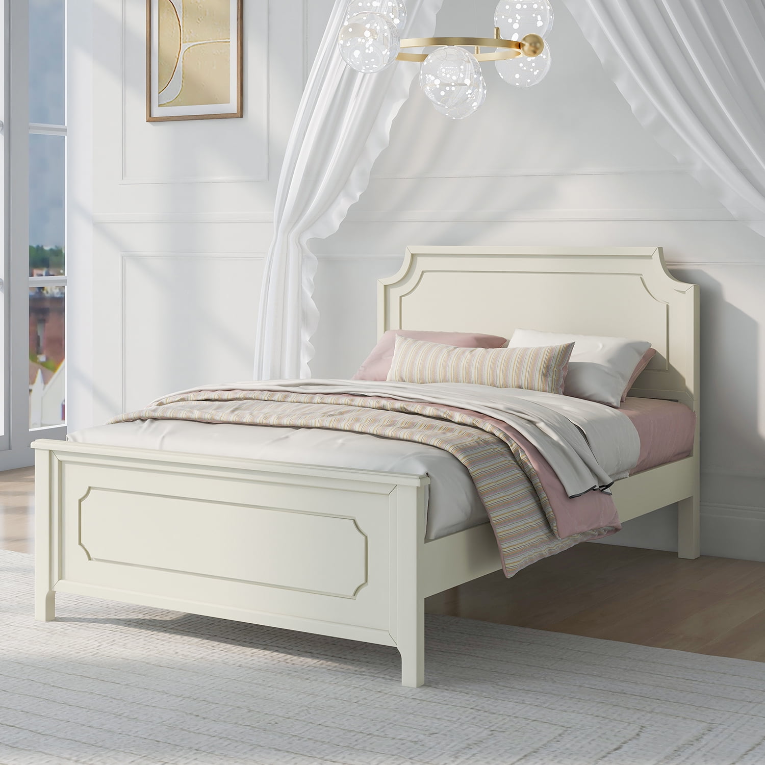 Kadyn Milky White Solid Rubber Wood Platform Bed, Modern Wood Full Platform Bed with Headboard, Farmhouse bedstead for Bedroom