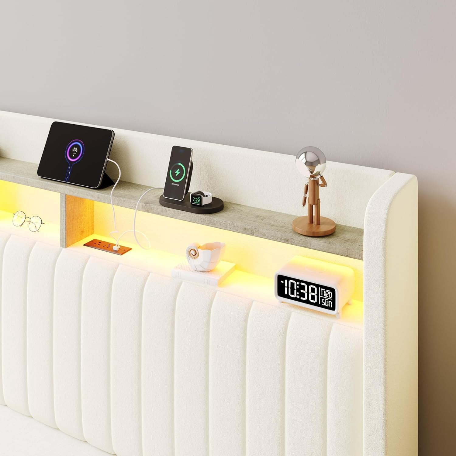 SHA CERLIN Queen Size Lift Up Storage Bed Frame, LED Lights, Charging Station, 2-Tier Shelves Headboard, USB Type-C Ports, Velvet Upholstered, Hydraulic Support, Noise Free, Cream