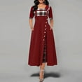 thumbnail image 2 of Robe Femme à Manches Mi-Longues, Imprimé à Carreaux, Détail Boutons, Robe Maxi, Taille Haute, Col Élégant, Robe à Grande Ampleur, 2 of 4