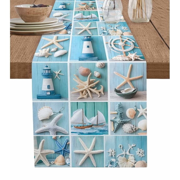 Table Runner Dresser Scarf 16 x 72 Inch Beach Theme Teal Lighthouse Sailboat Shell Wood Grain Patchwork Table Runners Non-Slip Heat Kitchen Dining Table Decor for Indoor Outdoor Home Party Decoration