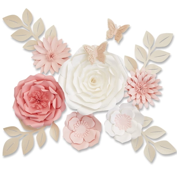 Paper Flowers Decorations for Wall, Giant 3D Handmade Artificial Flowers Bouquet with Leaves and Butterflies, 14 Pc. Kit, Elegant Decor Nursery, Wedding and Baby Shower DÃ©cor (Pink Set)