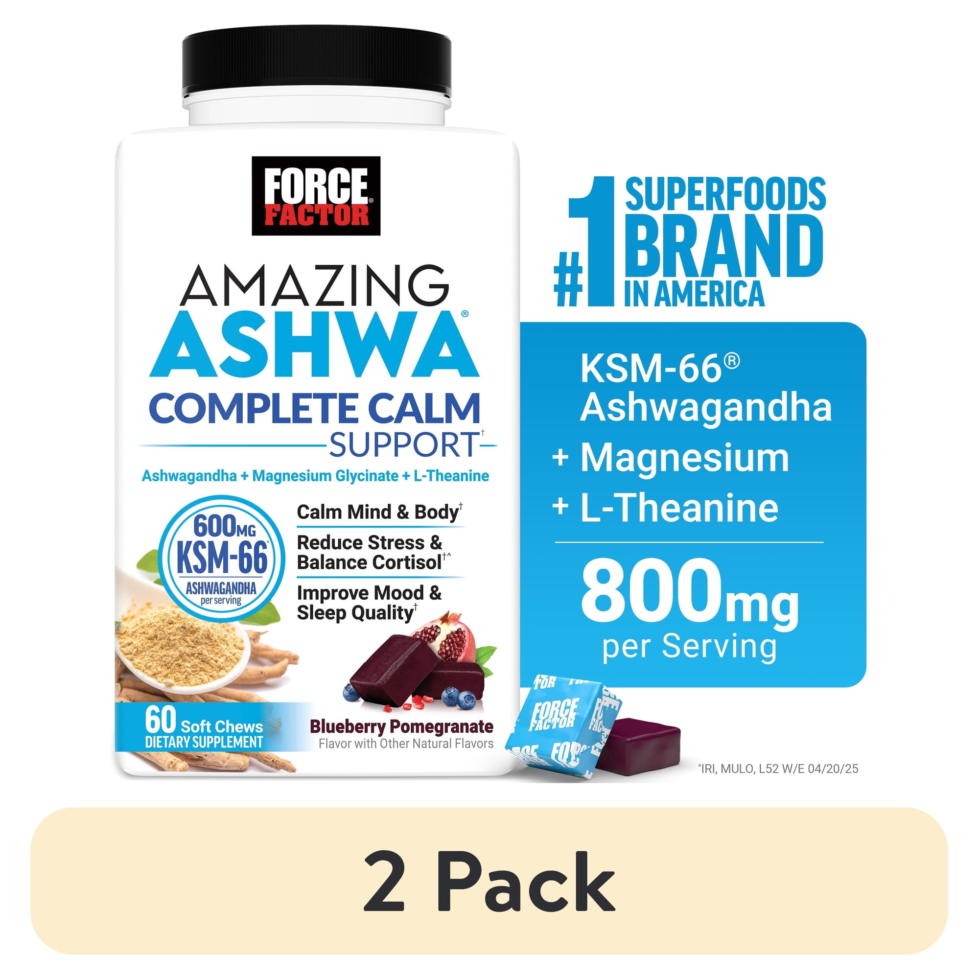 (2 pack) Force Factor Amazing Ashwa Complete Calm Support, KSM-66 Ashwagandha for Stress Relief, Relaxation & Sleep, Blueberry-Pomegranate, 60 Soft Chews