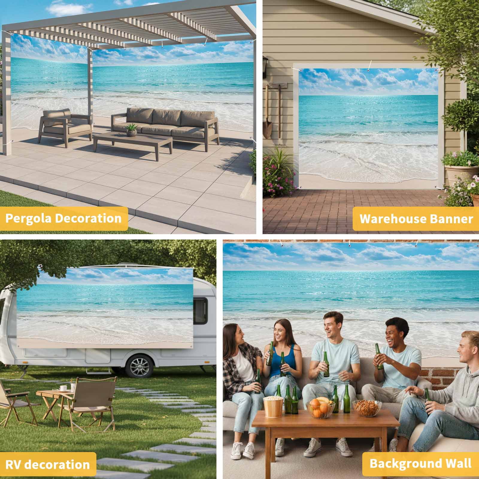 Summer Beach Garage Door Cover Banner 7 x 8 FT, Blue Coastal Ocean Seaside Nautical Garage Door Curtains Backdrop with Grommets for Indoor Outdoor Wall Party Porch Yard Decorations Background