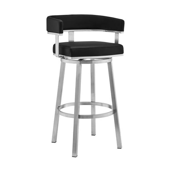 HomeRoots 34 x 22 x 20 in. Black Faux Leather & Silver Swivel Low Back Counter Height Bar Chair