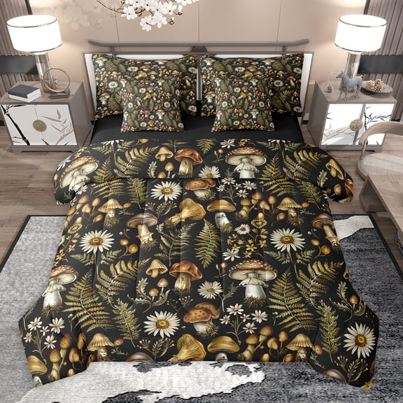Homewish Country Fungus Mushroom 7-Piece Twin Bedding Sets,Rustic Farmhouse Cabin Bedding Comforter Set,Cute Flower Daisy Sheet Sets For Children,Breathable Home Decor Reversible