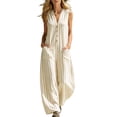 thumbnail image 2 of Costeam Womens Striped Sleeveless V Neck Button Front Jumpsuit Elastic Waist Loose Wide Leg Full Length with Side Pockets Soft Fabric Casual One Piece Pants, 2 of 7