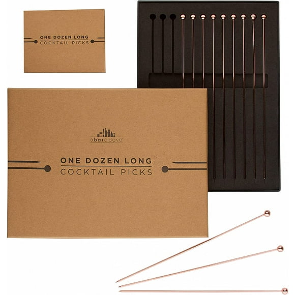 Copper Cocktail Picks (Set of 12) \u2013 Extra Long 8" Copper Stir Sticks for Bloody Mary, Tom Collins, Olive Skewers, Drink Garnish, Shrimp or Appetizer Charcuterie, Rose Gold Cocktail Picks