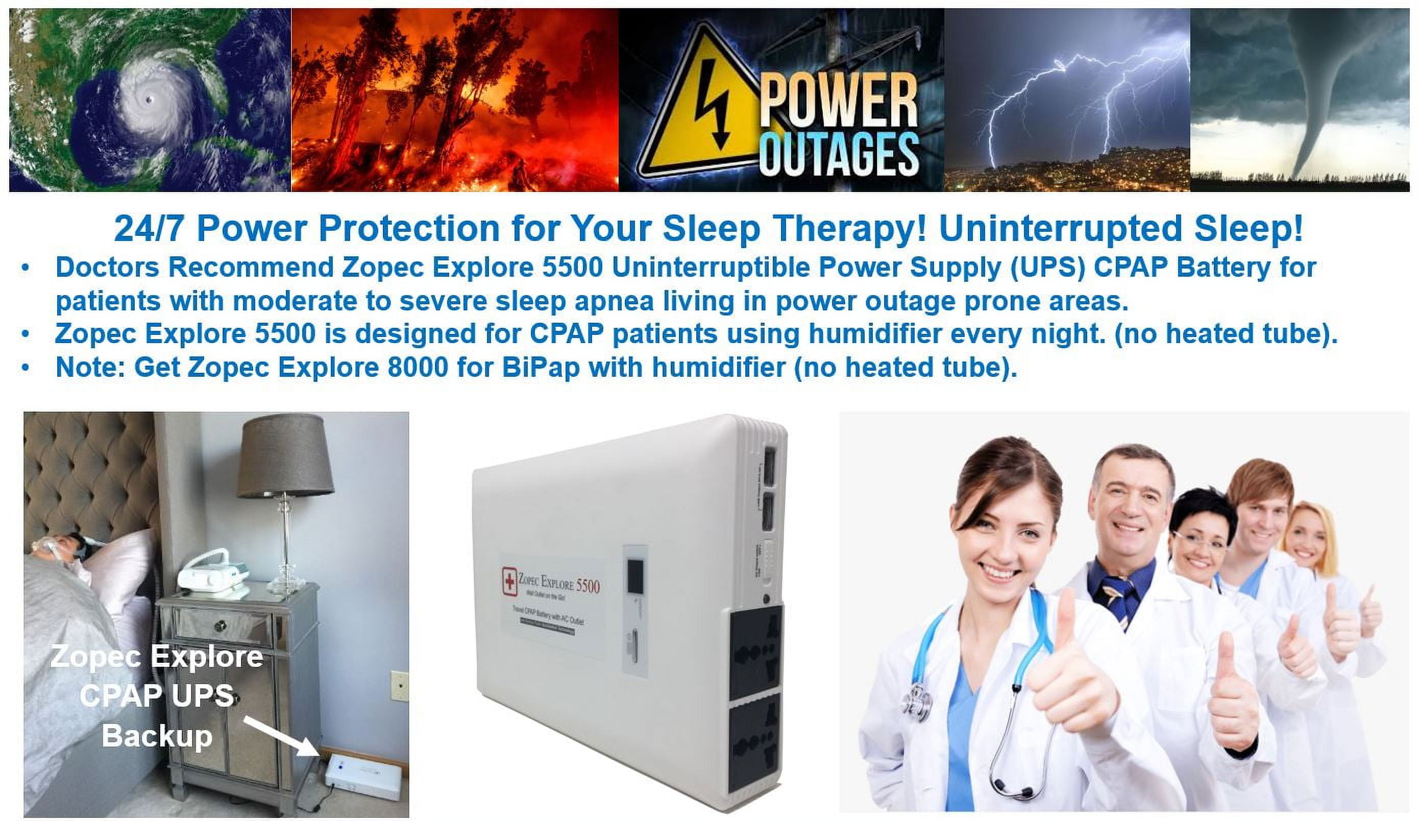 Zopec EXPLORE 5500 Universal CPAP UPS Battery Backup Power Supply (2-3 Nights). Automatic Switch with Uninterrupted Sleep in Power Outage! Works with All CPAP Brands with No Adapters. FAA Compliant.
