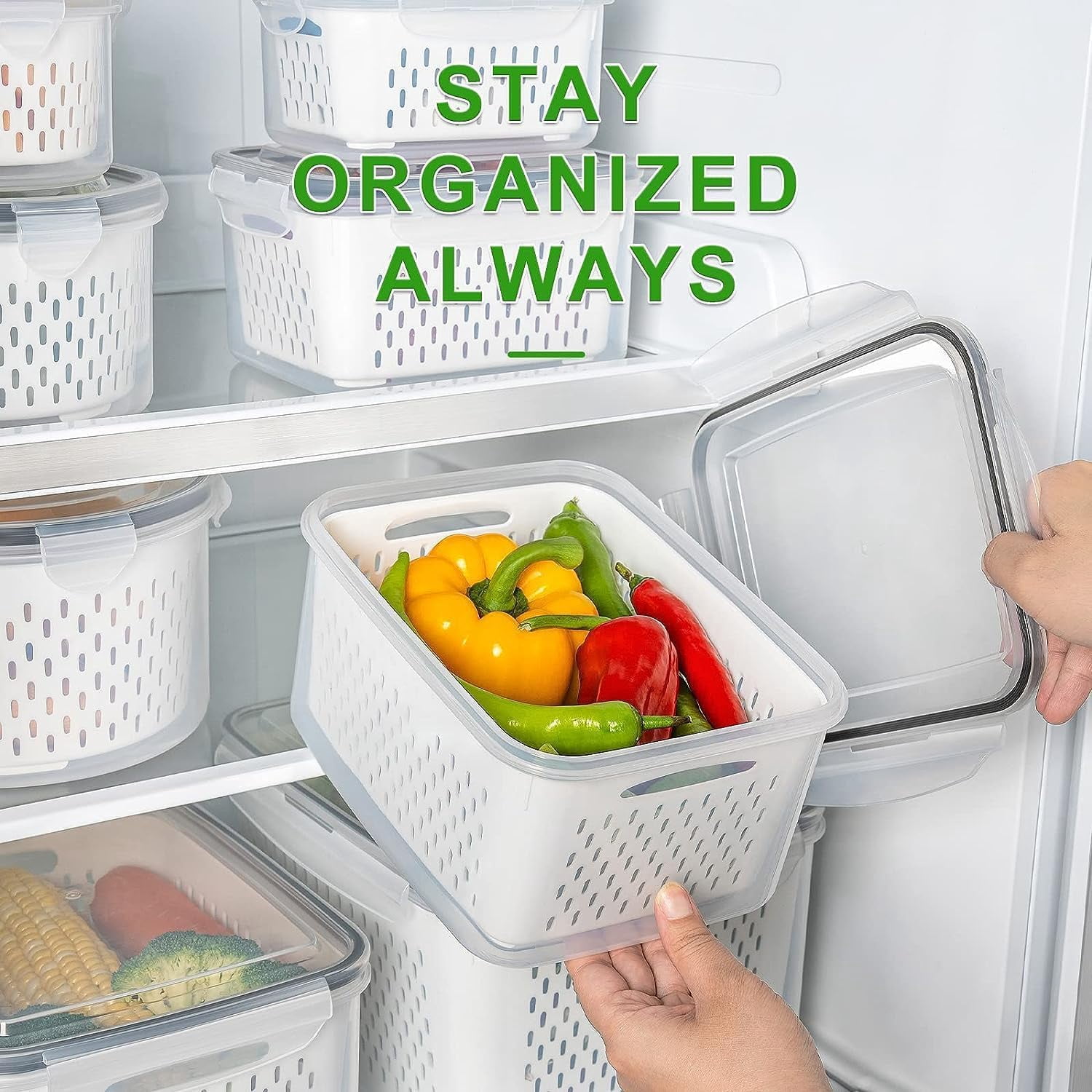 Fruit Storage Containers For Fridge With Removable Colander  Airtight Food Container Dishwasher Safe Produce Saver Refrigerator Keep Berry Fresh Longer 10 Large Clear