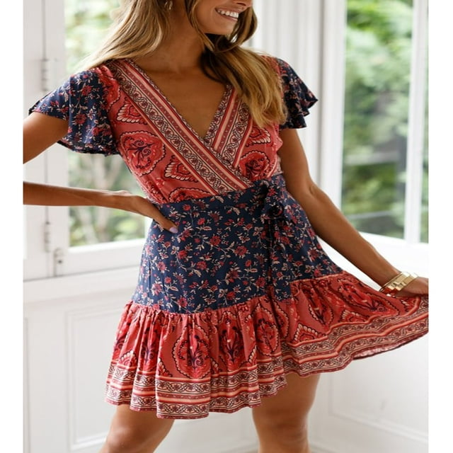 MesaSe Robe Bohème pour Femmes Motif Floral Manches Courtes Col en V Profond Design Taille Robe Courte Plissée Ample pour Vacances à la Plage