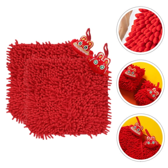 OUNONA Set of 2 Red Chenille Hand Towels with Hanging , Soft and Absorbent for Kitchen and Bathroom Use