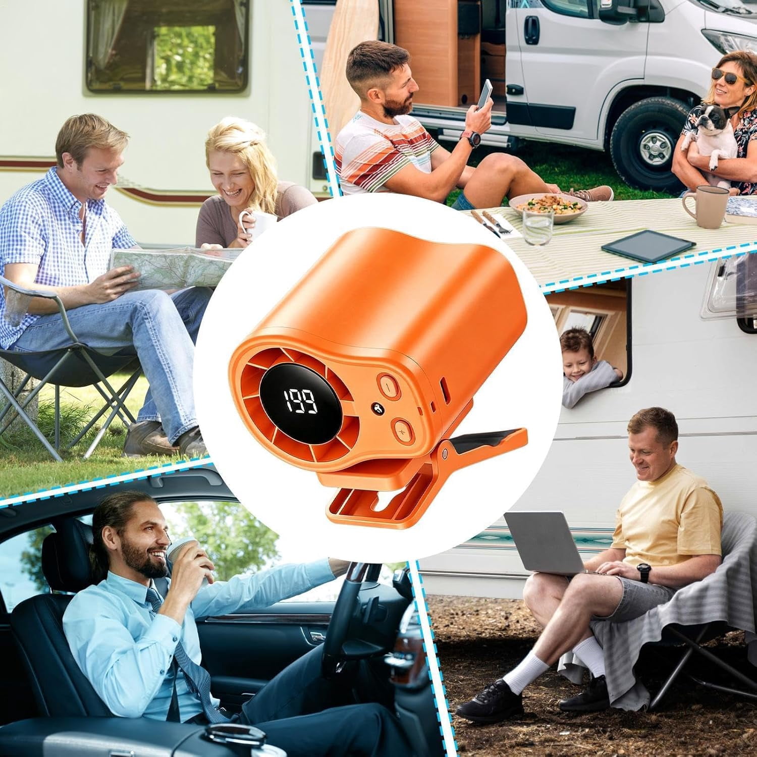 Car Fan , Clip On Low Noise LED Display , Clip On Fan - for Cycling Traveling Fishing Camping Beach Road Trip Jobsite Men Women Youth Teens