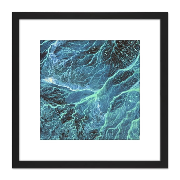 Abstract Blue Lightning Ripples 8X8 Inch Square Wooden Framed Wall Art Print Picture with Mount