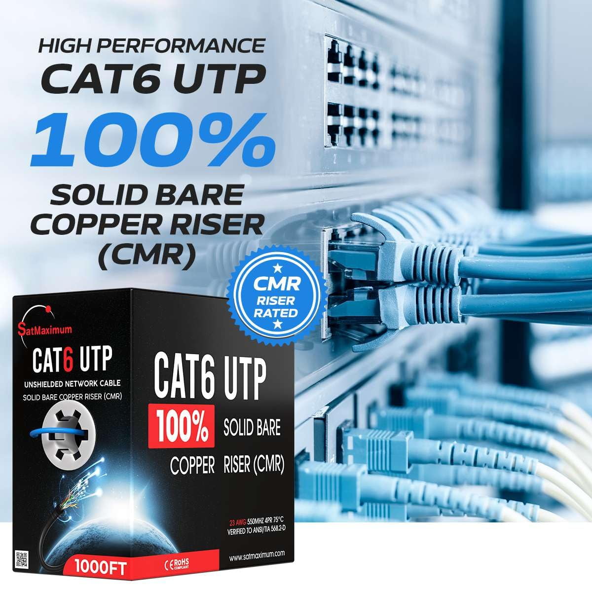 Cables Direct Online 500FT Cat6 Solid Bare Copper 23AWG Bulk Ethernet Cable, CMR ETL Riser, 550MHz POE (Power Over Ethernet) Wire – Blue