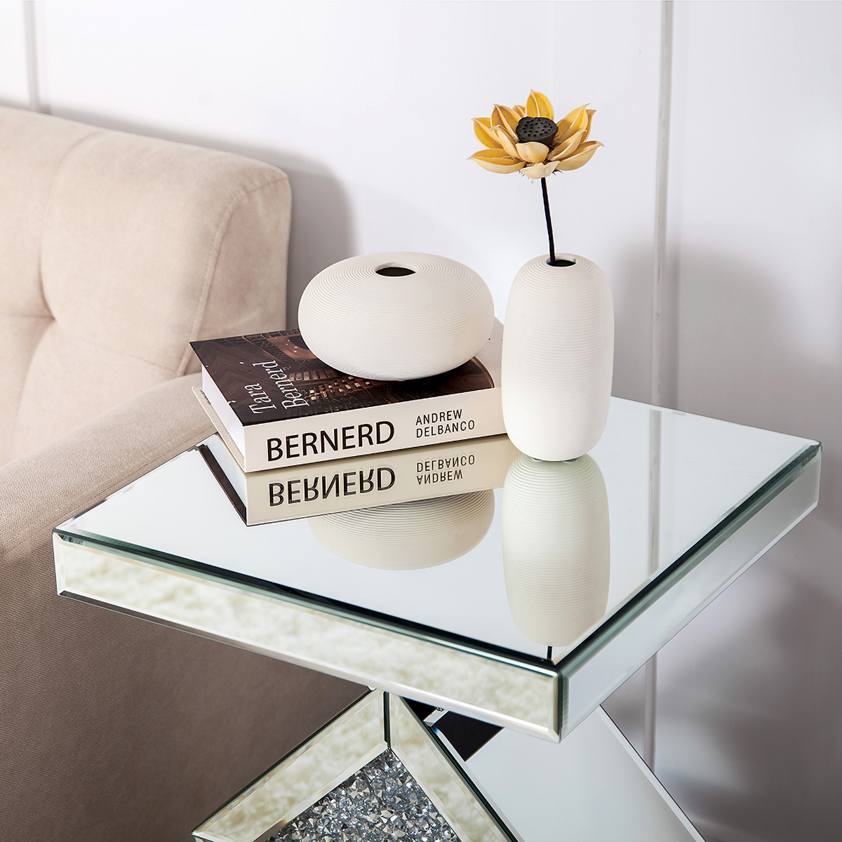 SHYFOY Mirrored End Table with Crushed Crystals Inlay, Sofa Table Modern Side Table Silver Accent Table for Living Room
