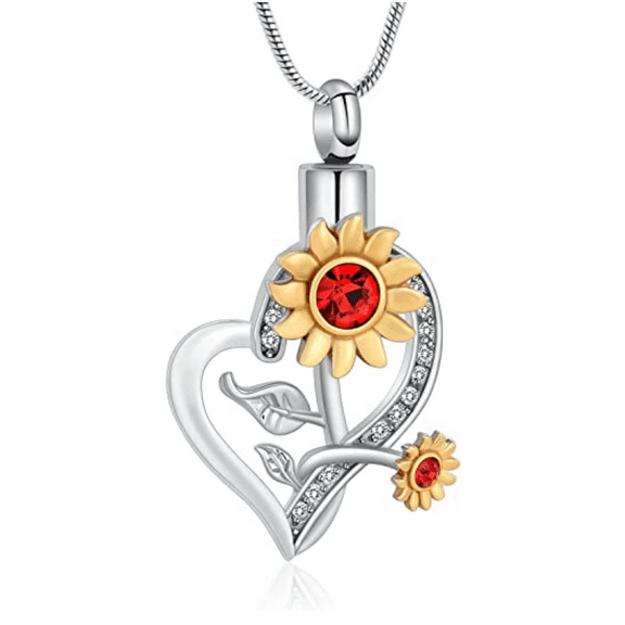 Sunflower Cremation Jewelry Heart Urn Necklace You're My Sunshine Sunflower Heart Pendant Necklace for Ashes for Women Human Pet Memorial Crystals Pendant