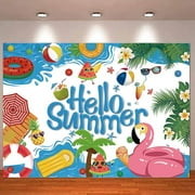 Colorful Hello Summer Luau Flamingo Beach Photo Backdrop Sea Pool Party Tropical Palm Birthday Baby Shower Wedding Photography Background Banner Polyester Decorations Supplies