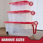 Hyper Tough 27 Gallon Clear Plastic Storage Bin with Red Snap Lid