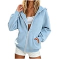 thumbnail image 2 of Xaqiouau Womens Solid Hoodies Fall Casual Long Sleeve Raglan Sleeve Full Zip Sweatshirt Loose Comfy Trendy Outer Tops with Side Pockets For Daily Athleisure Outfits Light Blue L, 2 of 7