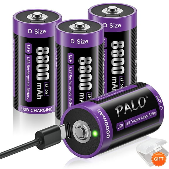 Palogreen 4 Pack Rechargeable D Batteries 1.5V Type-C USB High Capacity D Size Rechargeable Lithium Battery 8800mWh with Battery Case