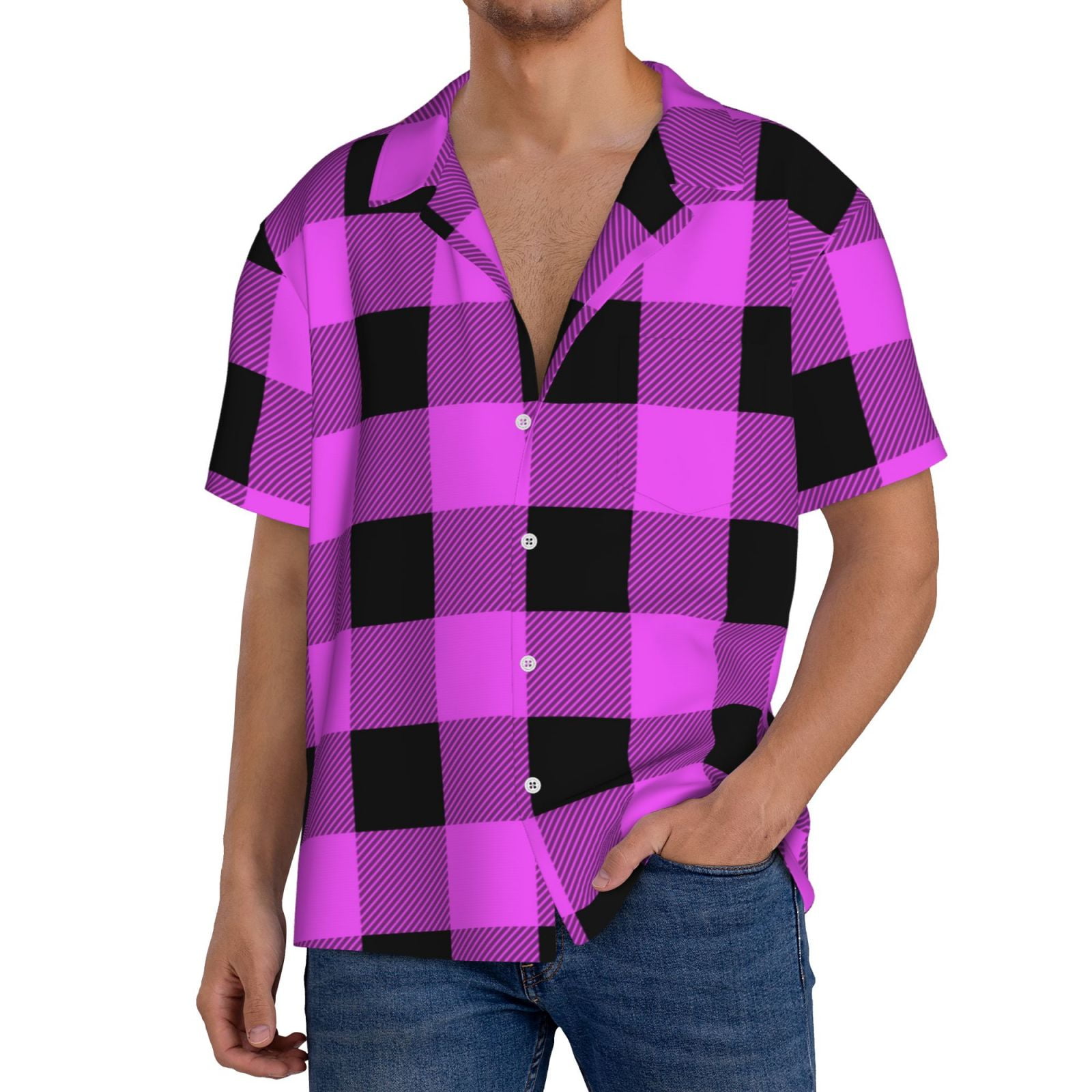 Cromoncent Men's Casual Short Sleeve Buffalo Plaid Shirt - Purple Gingham, Cotton Linen Blend, XX-Large - View #3