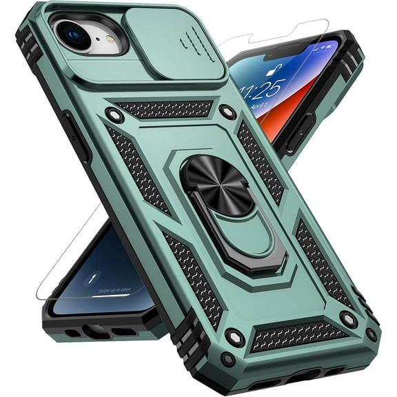Slide Camera Cover HD Screen Protector [Military Grade 16ft Drop Tested] Magnetic Ring Holder Kickstand Protective Phone Case for Apple iPhone 16E / SE 2025 / SE4, Dark Green