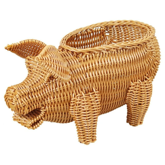 Cesta de almacenamiento de mimbre decorativa con forma de cerdo, cesta tejida de mimbre para servir, cesta de pan de sauce, fruta de paja hecha a mano