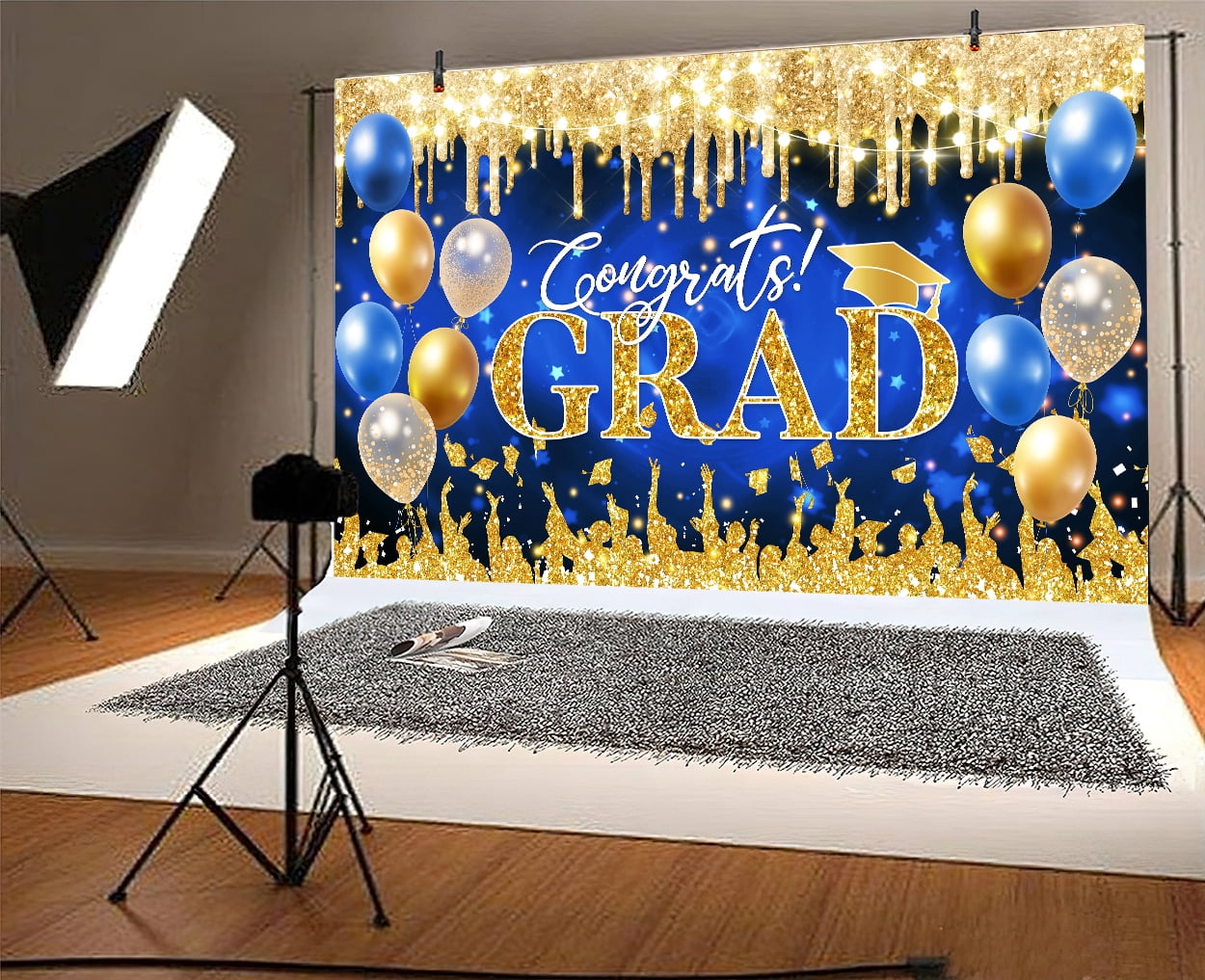 Graduation Party Backdrop Decorations Class of 2025 Blue Gold Congrats Grad Prom Party Photography Backdrops Banner Bachelor Cap Balloon Congratulations Party Background Photo Studio Props,10X6ft