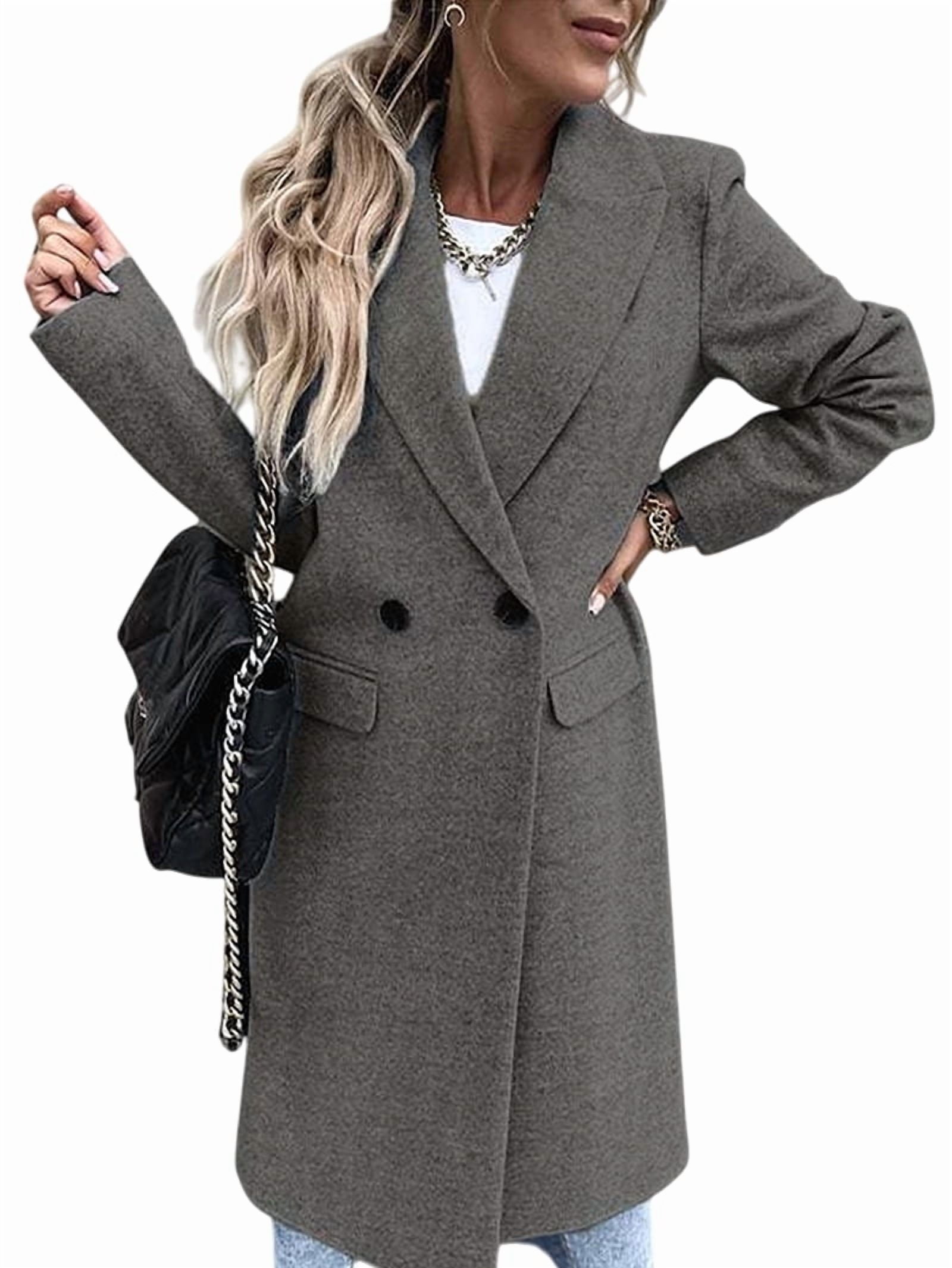 Women'S Winter Wool Coat Casual Lapel Single-Breasted Peacoat Gray XXL ...