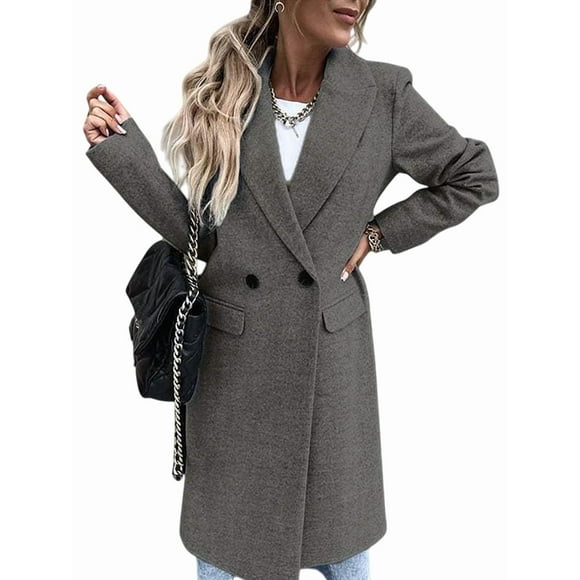 Women'S Winter Wool Coat Casual Lapel Single-Breasted Peacoat Gray L