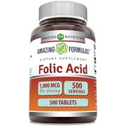 Amazing Formulas Folic Acid 1000 mcg Per Serving (1 mg) 500 Tablets Supplement | Vitamin B9 | Non-GMO | Gluten Free