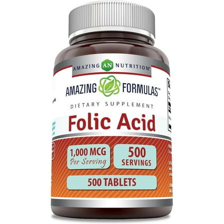 Amazing Formulas Folic Acid 1000 mcg Per Serving (1 mg) 500 Tablets Supplement | Vitamin B9 | Non-GMO | Gluten Free
