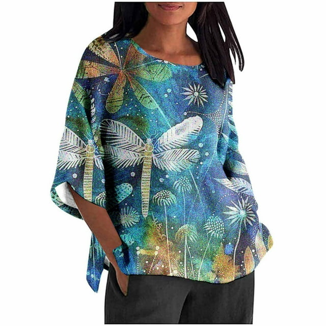 Mujeres 3/4 Manga Tops Y Blusas de Impresión Suelta Camisa Cortada, Casual Cuello Redondo Blusa para la Primavera Y el Verano