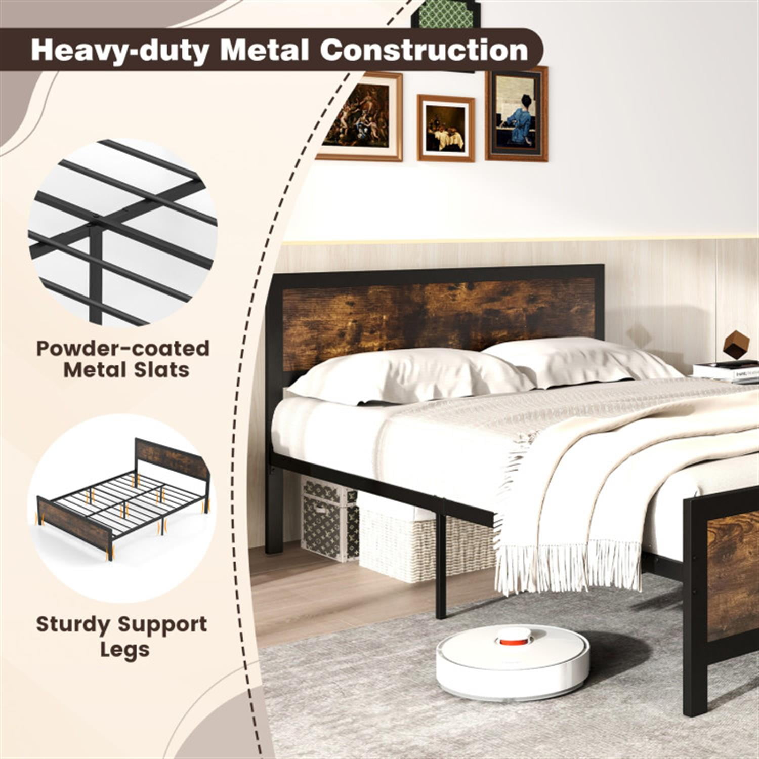 Demi Bonn Full Size Bed Frame with Headboard and Footboard, Modern Metal Platform Bed Frame with Under Bed Storage, No Box Spring Needed, Brown