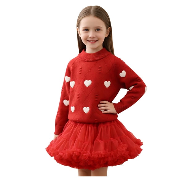 Girls Red Heart Knit Sweater Tutu Skirt Outfit Set for Kids to Kids 1-8 Years, Party Holiday Birthday Dress, Long Sleeve Top Elastic Waist,Size 5-6 T