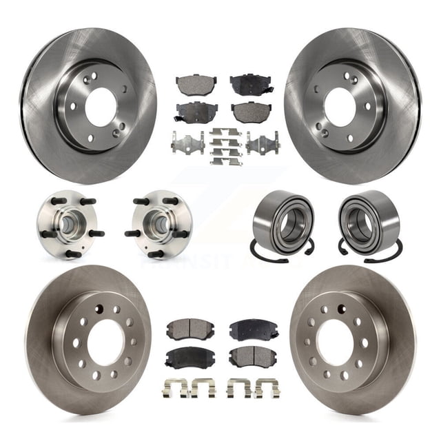 Transit Auto Front Rear Wheel Hub Bearings Assembly Disc Brake Rotors and Semi-Metallic Pads Kit (10Pc) for Car Hyundai Tiburon - Left Right Side (Driver Passenger) KBB-106323