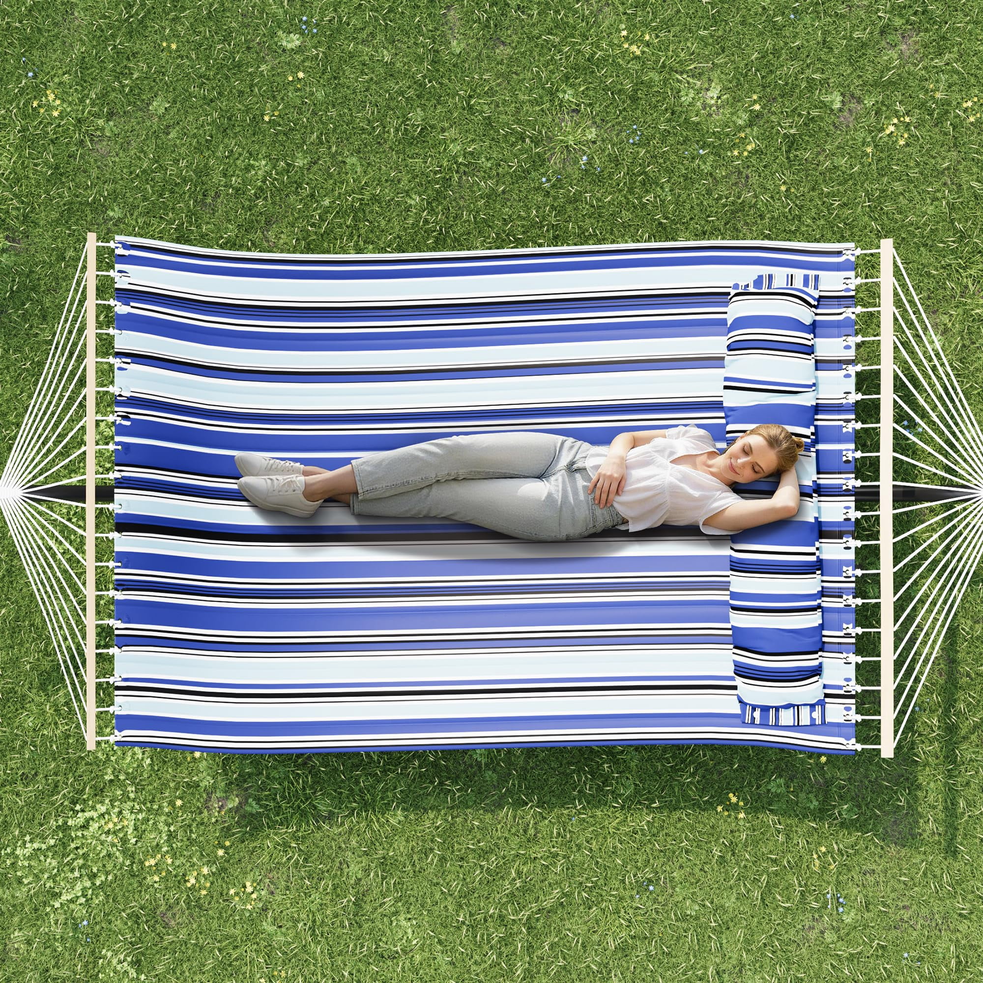 Accreate Double Hammock with Stand for 2 Person, Heavy Duty 475lb Capacity Outdoor Freestanding Hammock Bed with Steel Frame, Quilted Pillow & Carry Bag - Easy Assembly